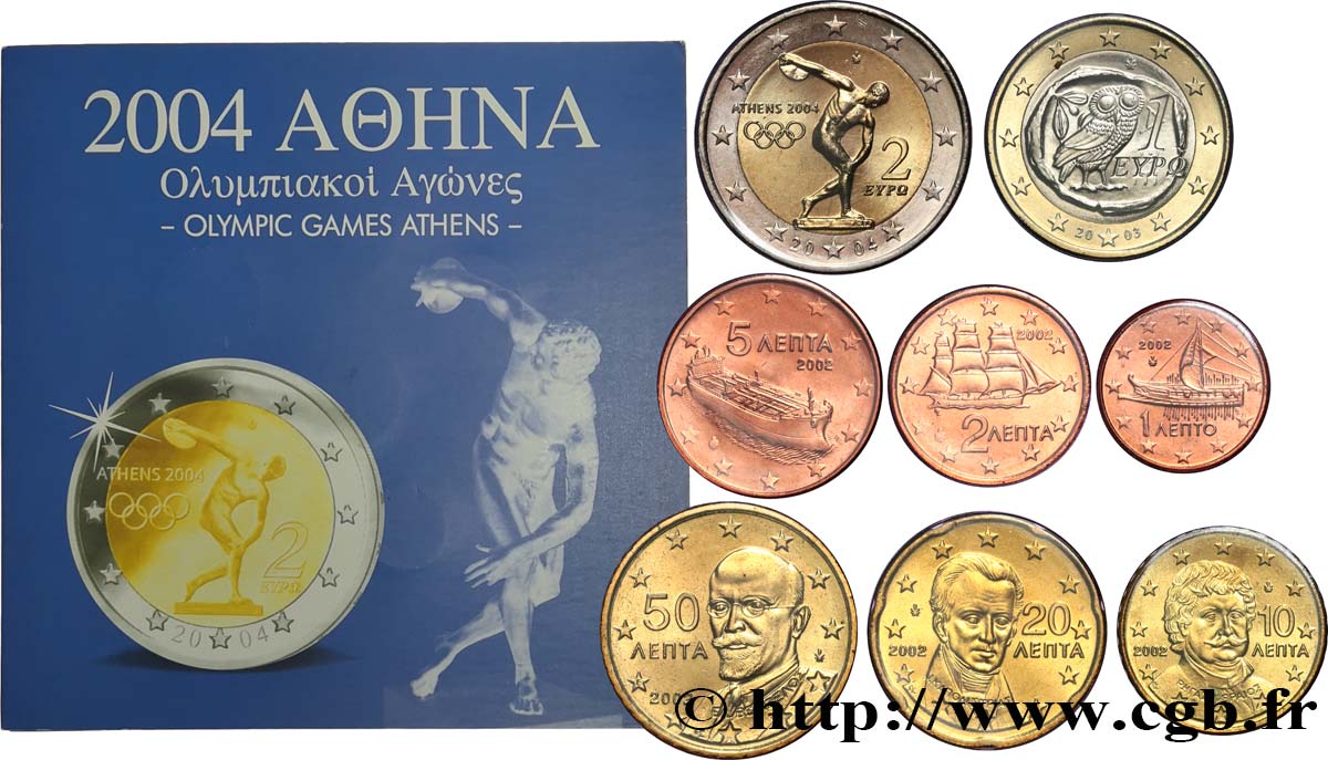 GREECE LOT DE 8 PIÈCES EURO (1 Cent - 2 Euro JEUX OLYMPIQUES) 2002/2004 n.d. MS