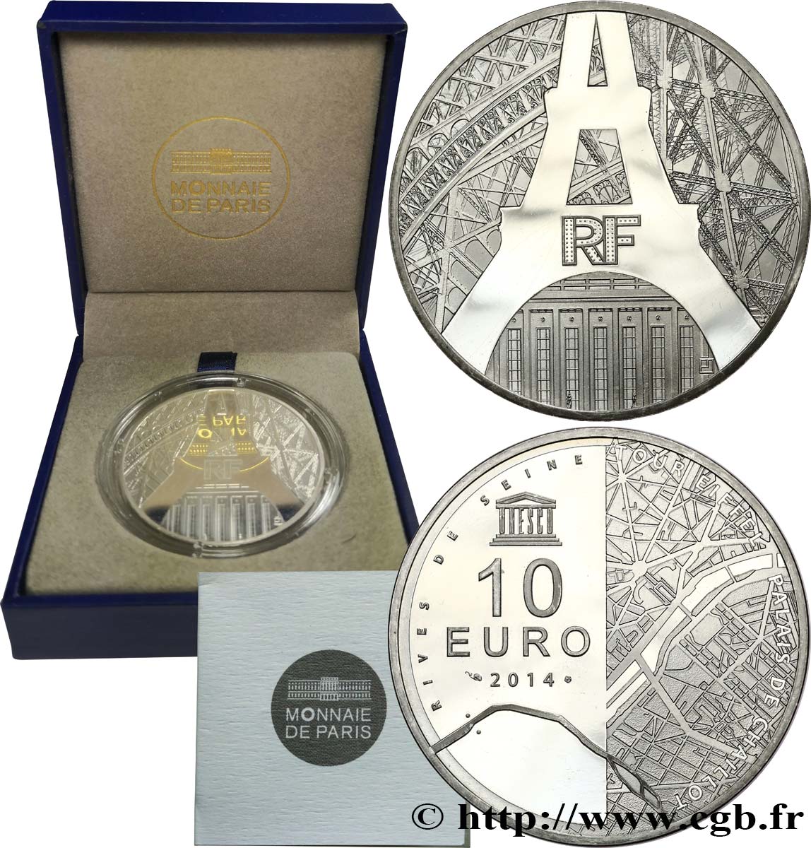 FRANCE Belle Épreuve 10 Euro UNESCO - RIVES DE SEINE (Tour Eiffel et Palais de Chaillot) 2014 BE