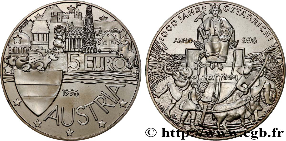 AUSTRIA 5 Euro - 1000 ANS DE L’AUTRICHE 1996 FDC