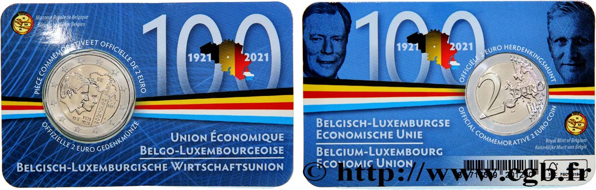BÉLGICA Coin-card 2 Euro UNION ÉCONOMIQUE AVEC LE LUXEMBOURG - Version française 2021 FDC