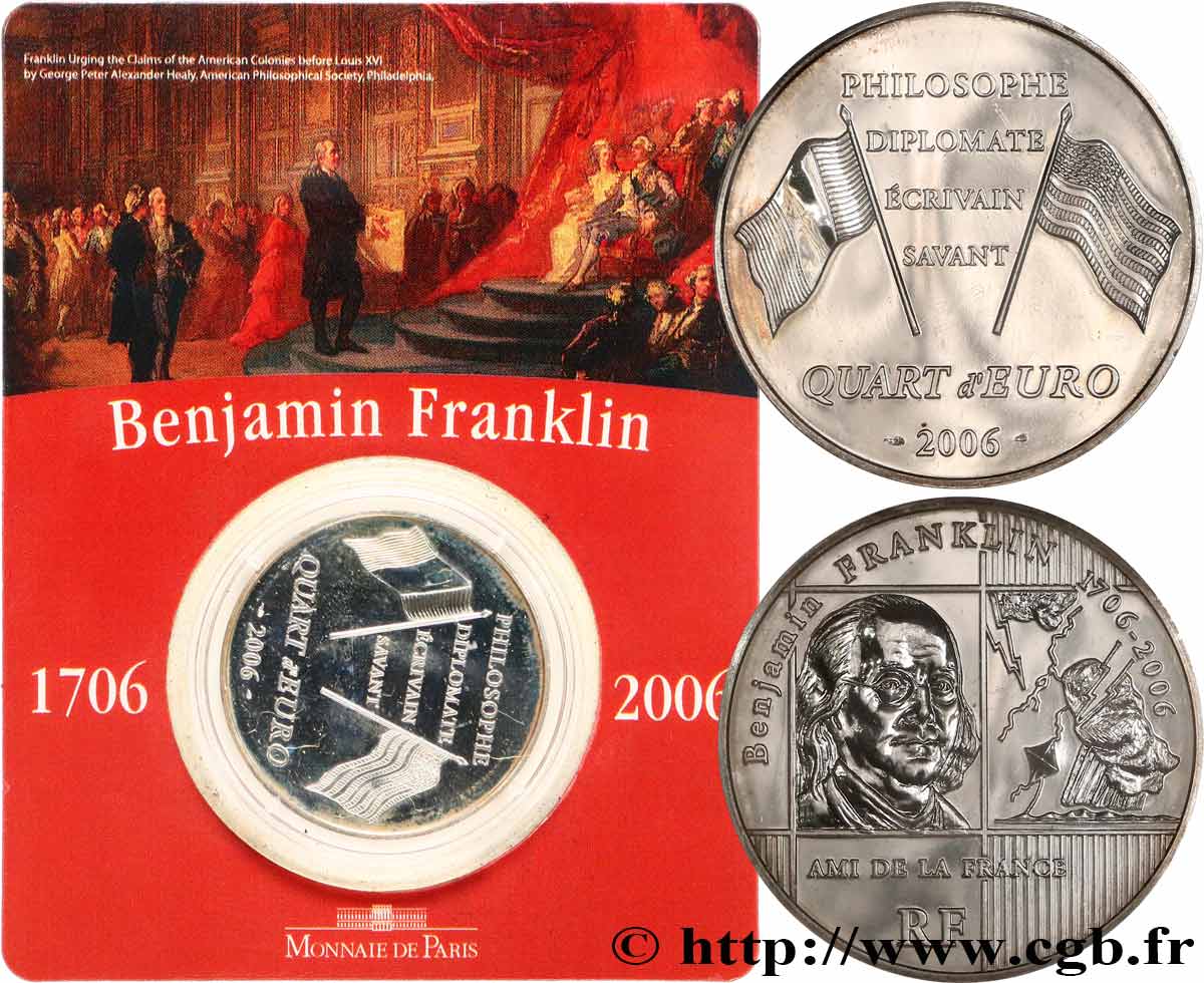 FRANCE 1/4 Euro Benjamin Franklin 2006 Brilliant Uncirculated