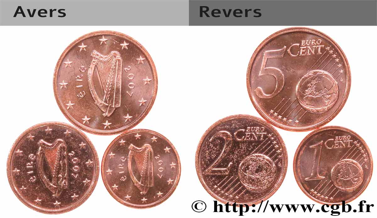 IRELAND REPUBLIC LOT 1 Cent, 2 Cent, 5 Cent HARPE 2007 MS