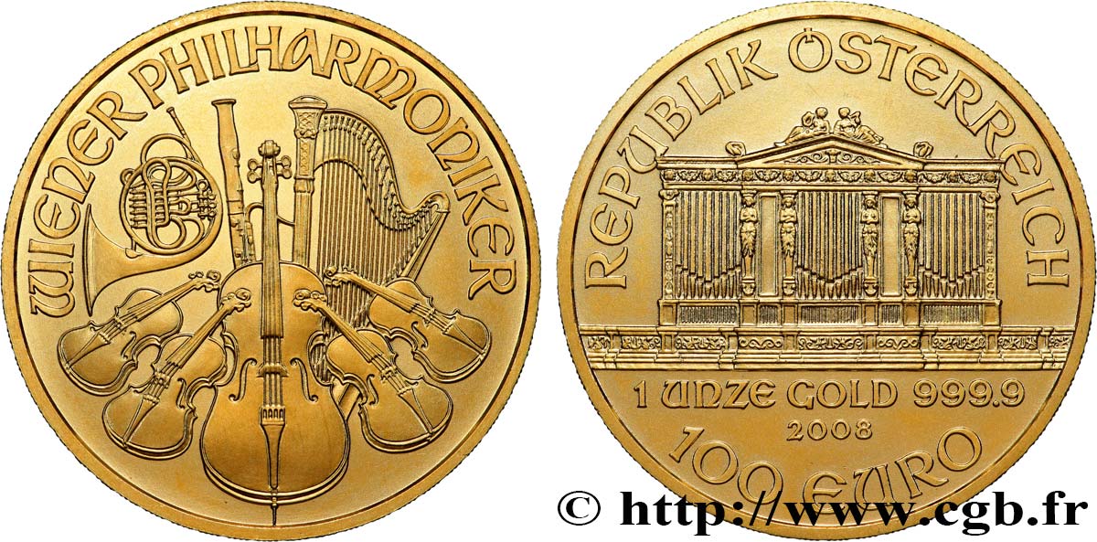 OR, PALLADIUM ET PLATINE INVESTISSEMENT 1 Oz - 100 Euro LE PHILARMONIQUE DE VIENNE 2008 FDC
