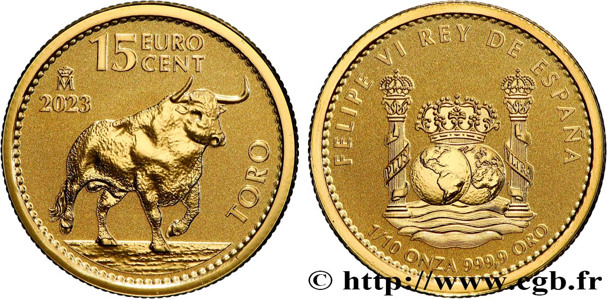 INVESTMENT GOLD 1/10 Oz - 15 Euro Cent TAUREAU 2023 BE