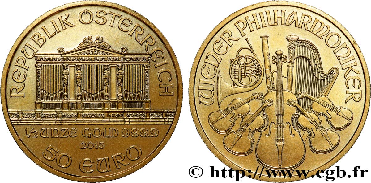 OR, PALLADIUM ET PLATINE INVESTISSEMENT 1/2 Oz - 50 Euro LE PHILARMONIQUE DE VIENNE 2015 FDC