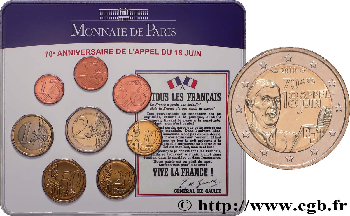 FRANCE SÉRIE Euro BRILLANT UNIVERSEL - 70e ANNIVERSAIRE DE L’APPEL DU 18 JUIN 2010 BU