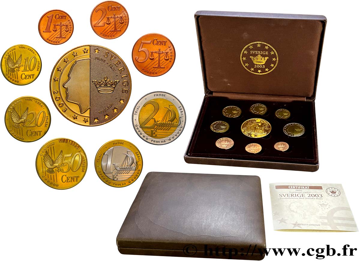 SUÈDE Série 9 médailles, Essai Euros fantaisies 2003 SPL