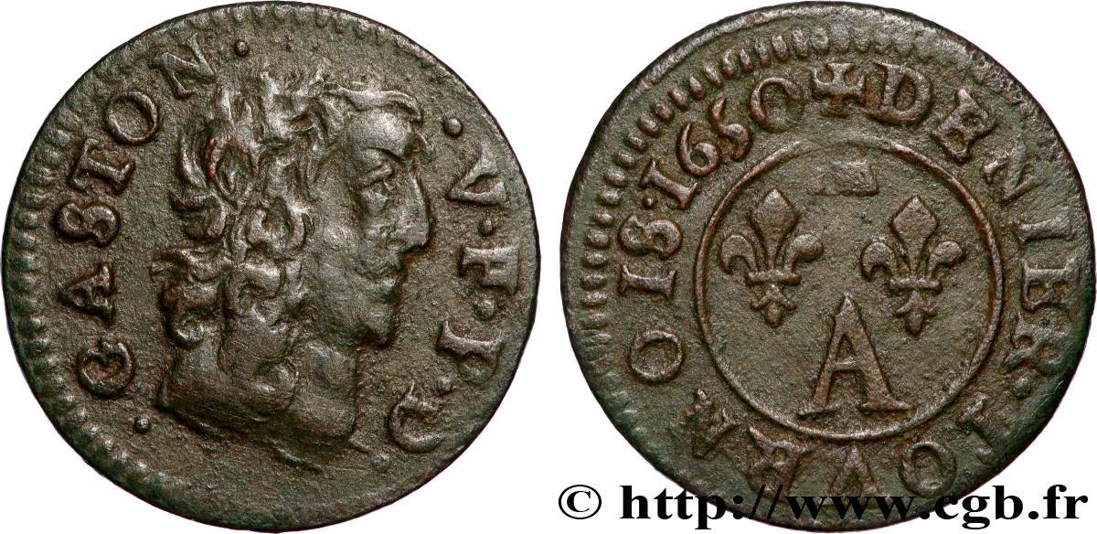 DOMBES - PRINCIPAUTÉ DE DOMBES - GASTON D ORLÉANS Denier tournois, type 10 TTB+