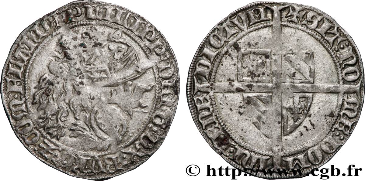 FLANDRE - COMTÉ DE FLANDRE - PHILIPPE LE HARDI Plaque, double gros botdraeger, ou à la mante, ou à la bannière TTB