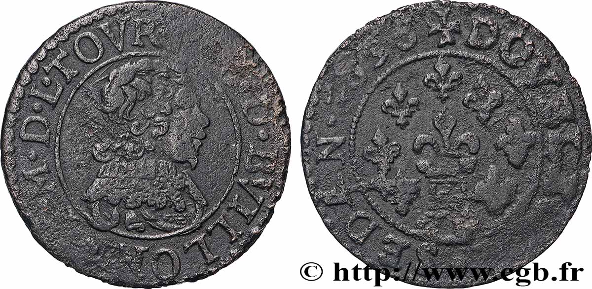 ARDENNES - PRINCIPAUTÉ DE SEDAN - FRÉDÉRIC-MAURICE DE LA TOUR D AUVERGNE Double tournois, type 13 (grande collerette/grande tour en bas du champ) TB+/TB