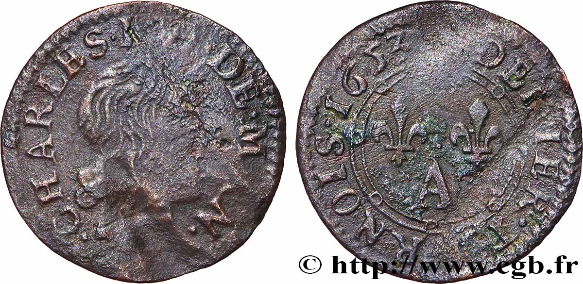 ARDENNES - PRINCIPAUTÉ SOUVERAINE D ARCHES-CHARLEVILLE - CHARLES II DE GONZAGUE Denier tournois, type 3 TB+
