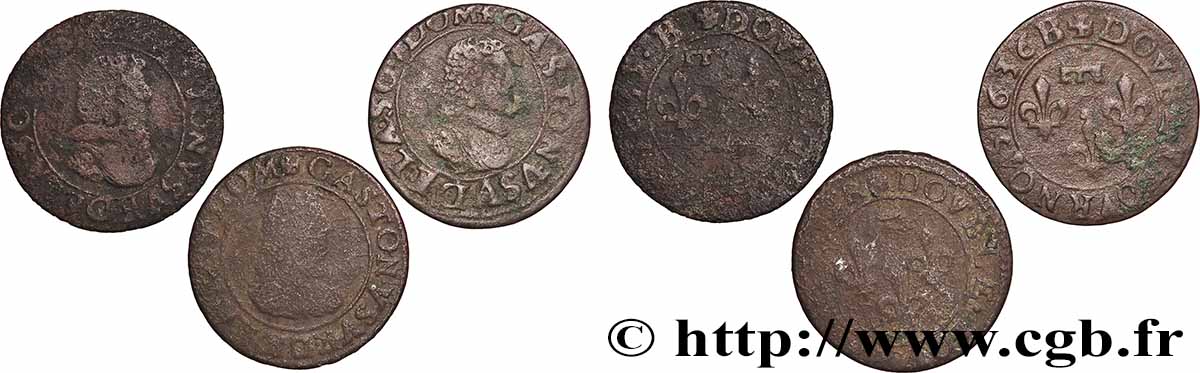 PRINCIPAUTY OF DOMBES - GASTON OF ORLEANS Double tournois, type 8, lot de 3 ex. lot