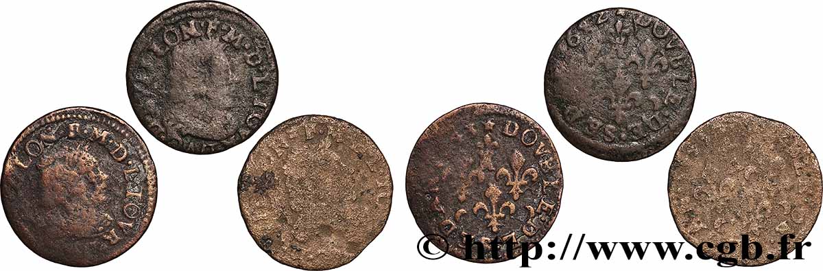 ARDENNES - PRINCIPAUTÉ DE SEDAN - FRÉDÉRIC-MAURICE DE LA TOUR D AUVERGNE Double tournois, type 14 (grande collerette/petite tour en haut du champ), lot de 3 ex. Lot