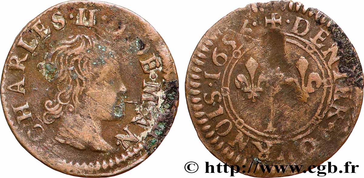ARDENNES - PRINCIPAUTÉ SOUVERAINE D ARCHES-CHARLEVILLE - CHARLES II DE GONZAGUE Denier tournois, type 3 TB+/TB