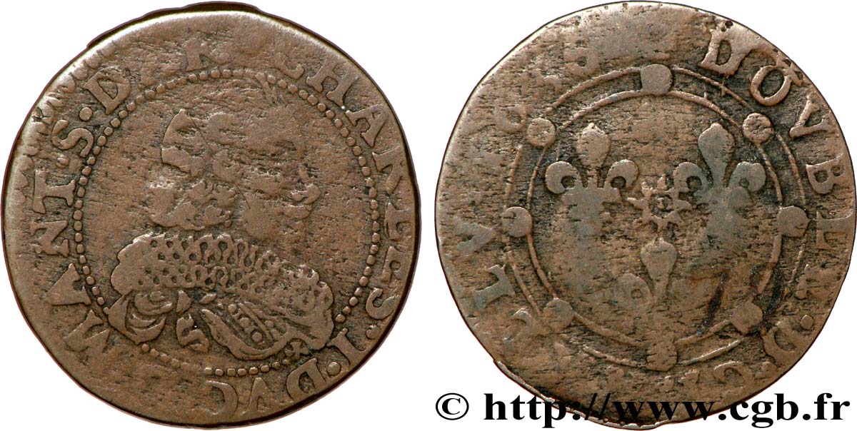 ARDENNES - PRINCIPAUTÉ SOUVERAINE D ARCHES-CHARLEVILLE - CHARLES Ier DE GONZAGUE Double tournois, col fraisé et soleil au revers TB