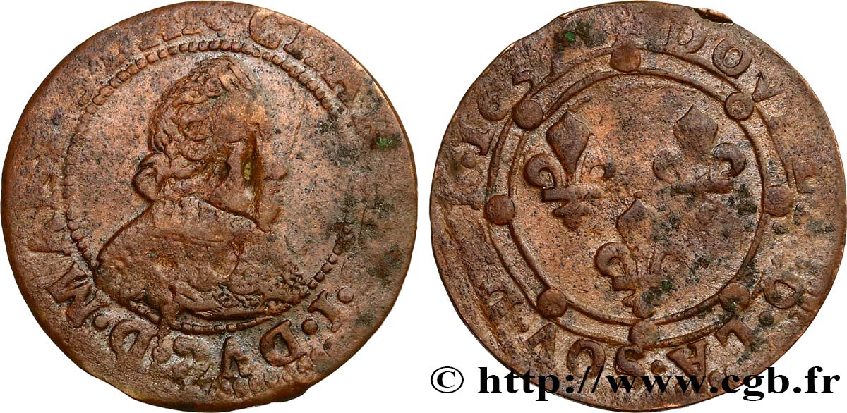 ARDENNES - PRINCIPAUTÉ SOUVERAINE D ARCHES-CHARLEVILLE - CHARLES Ier DE GONZAGUE Double tournois, col en dentelles et trois lis au revers TB