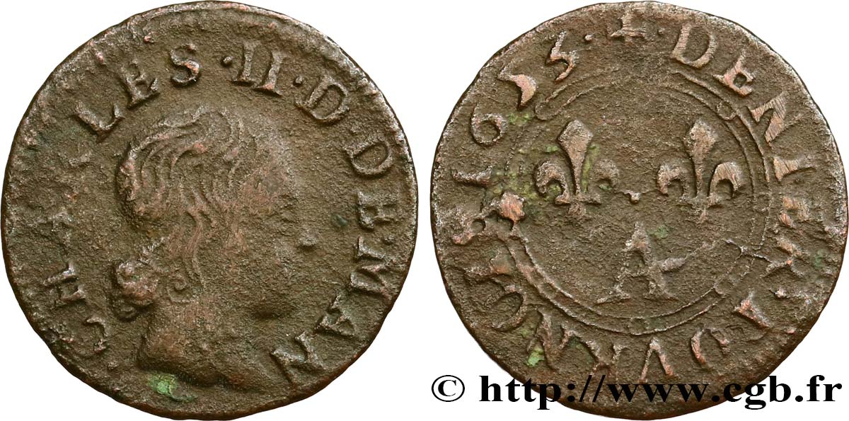 ARDENNES - PRINCIPAUTY OF ARCHES-CHARLEVILLE - CHARLES II OF GONZAGUE Denier tournois, type 3 VF