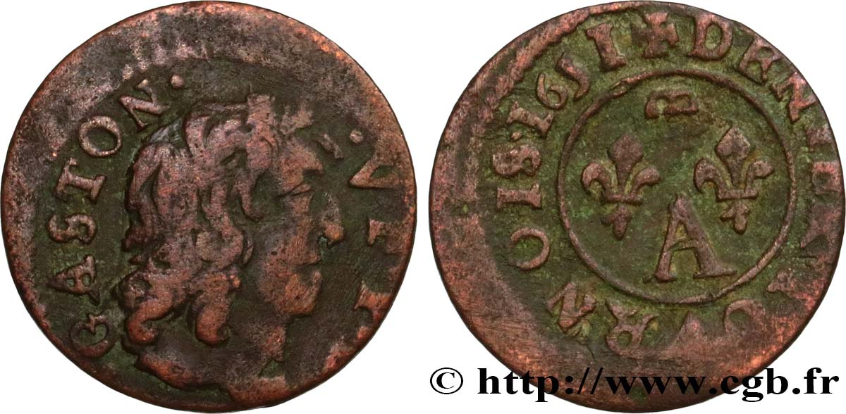 DOMBES - PRINCIPAUTÉ DE DOMBES - GASTON D ORLÉANS Denier tournois, type 6 TB