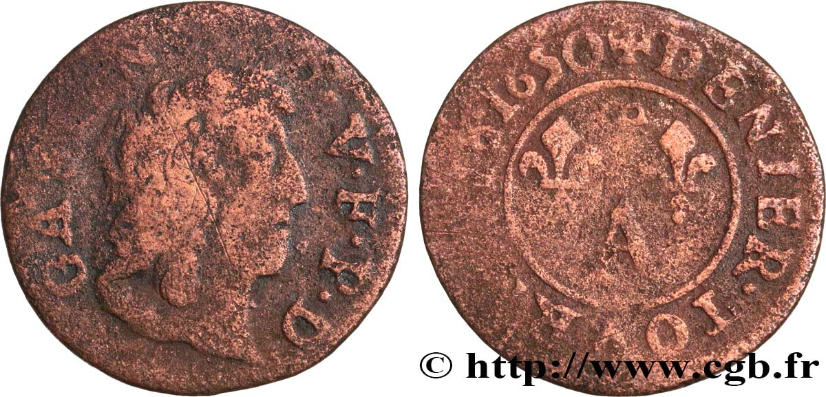 DOMBES - PRINCIPAUTÉ DE DOMBES - GASTON D ORLÉANS Denier tournois, type 10 B+