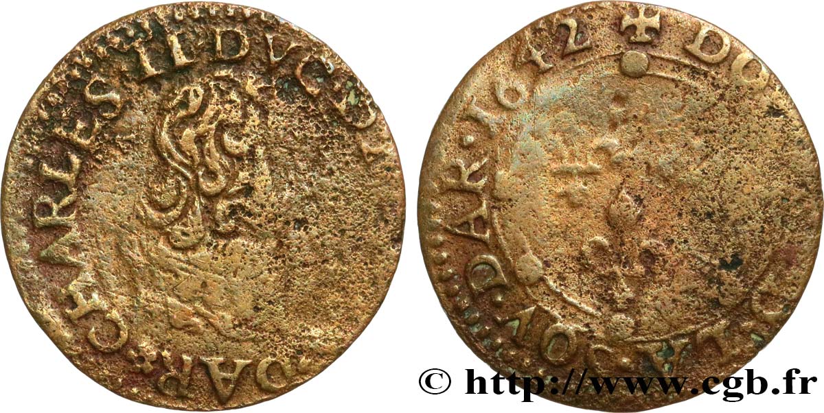 ARDENNES - PRINCIPAUTÉ SOUVERAINE D ARCHES-CHARLEVILLE - CHARLES II DE GONZAGUE Double tournois, légende à six heures, 2e effigie RC