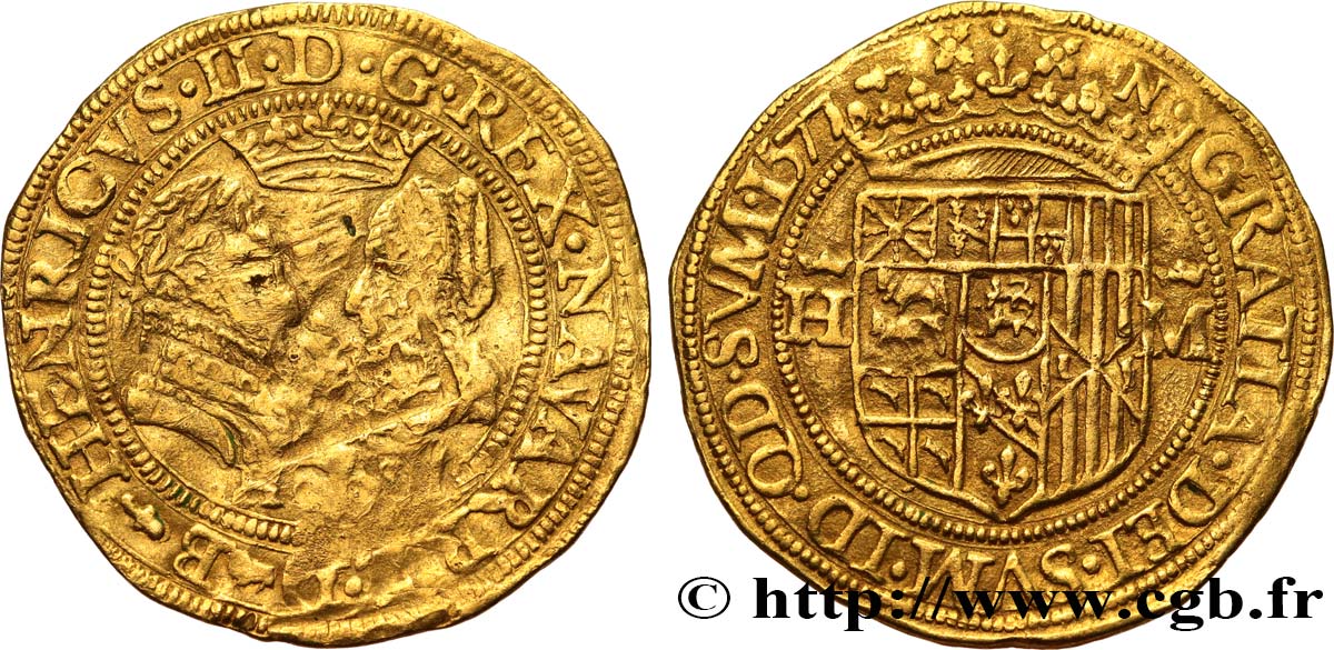 NAVARRE-BÉARN - HENRI III DE NAVARRE, HENRI II DE BÉARN AND MARGUERITE DE VALOIS Double ducat VF/AU