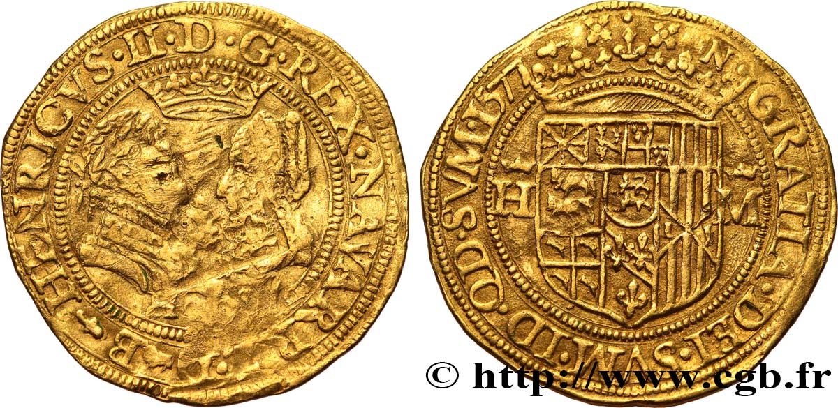 ROYAUME DE NAVARRE ET SEIGNEURIE DE BÉARN - HENRI III DE NAVARRE, II DE BÉARN ET MARGUERITE DE VALOIS Double ducat BC+/MBC+