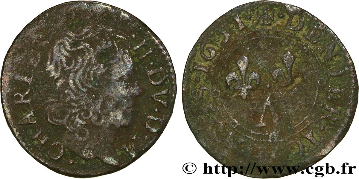ARDENNES - PRINCIPAUTÉ SOUVERAINE D ARCHES-CHARLEVILLE - CHARLES II DE GONZAGUE Denier tournois, type 2 BC