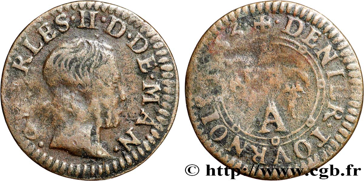 ARDENNES - PRINCIPAUTÉ SOUVERAINE D ARCHES-CHARLEVILLE - CHARLES II DE GONZAGUE Denier tournois, type 3 TB+