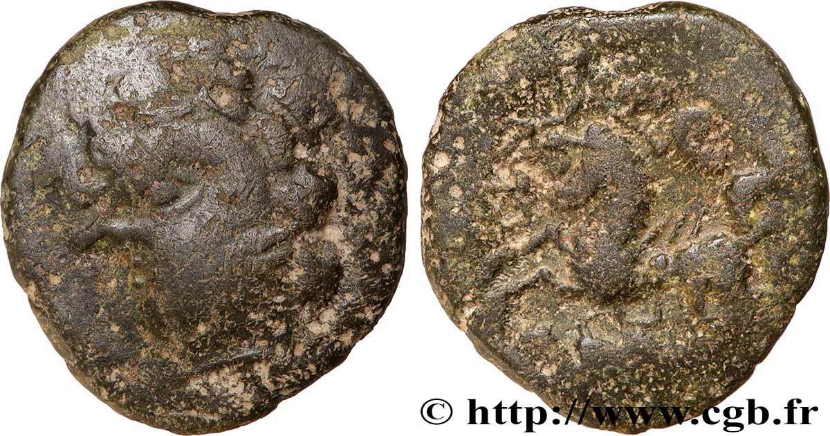 GALLIA - AULERCI CENOMANI (Región de Mans) Quart de statère en bronze au cheval androcéphale et au personnage allongé BC+