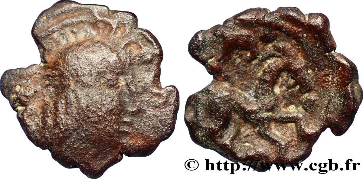 GALLIA BELGICA - AMBIANI (Area of Amiens) Bronze au cheval et à la tête aux cheveux calamistrés VF/AU