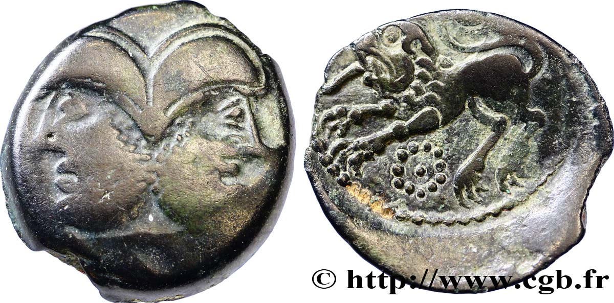 GALLIEN - BELGICA - SUESSIONES (Region die Soissons) Bronze à la tête janiforme barbue, classe I fSS/SS