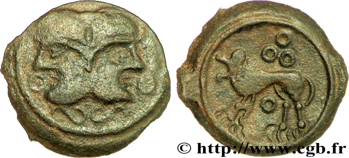 GALLIEN - BELGICA - SUESSIONES (Region die Soissons) Bronze à la tête janiforme, classe II SS/VZ