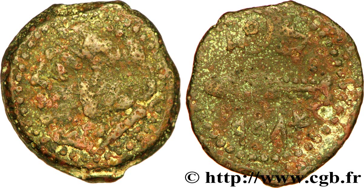 HISPANIA - GADIR/GADES (Provincia of Cadiz) Calque de bronze à la tête de Melqart et au thon RC+/BC