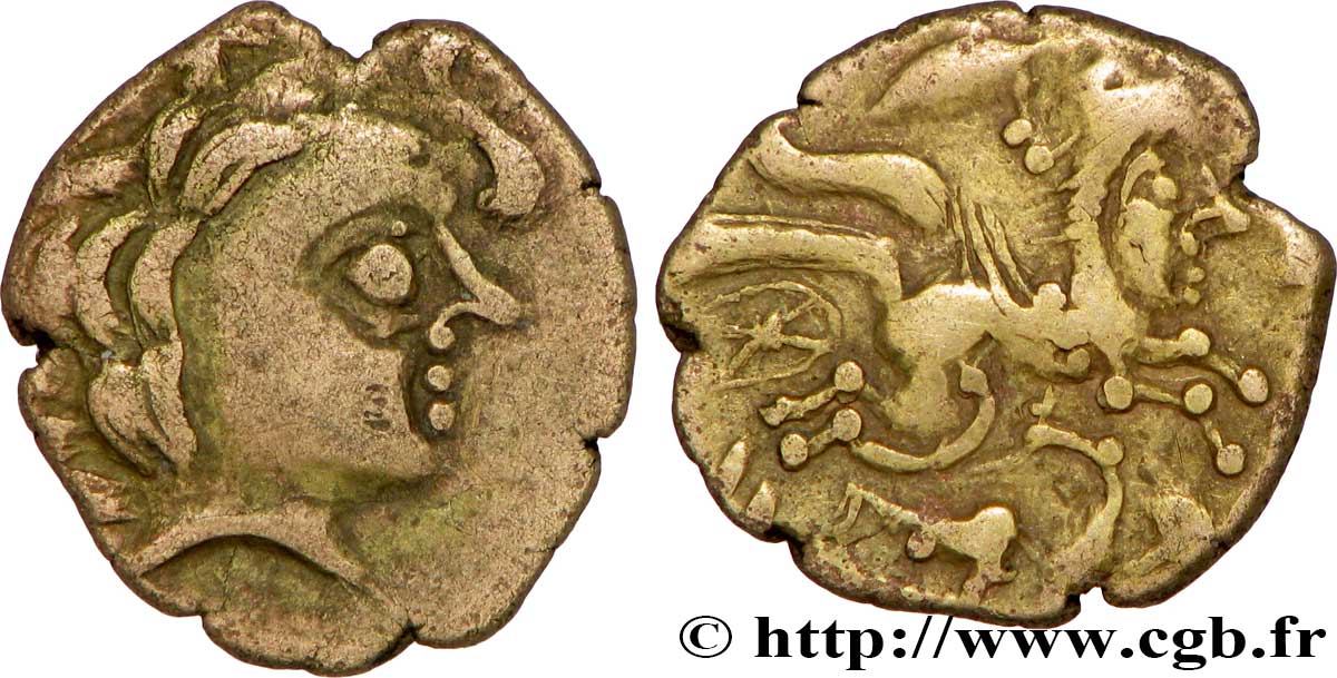 AULERQUES CÉNOMANS (Région du Mans) Quart de statère d or au cheval androcéphale et au personnage allongé TTB