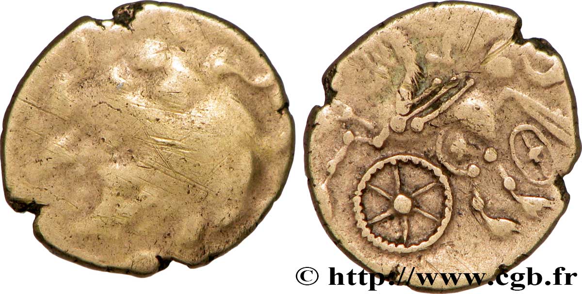 GALLIA - AULERCI CENOMANI (Regione di Mans) Quart de statère d or au cheval androcéphale et à la rouelle q.MB/q.SPL