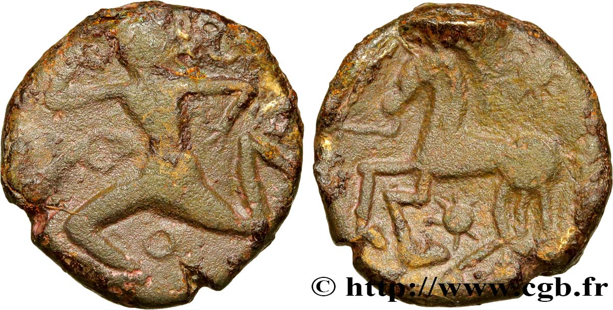 GALLIEN - BELGICA - BELLOVACI (Region die Beauvais) Bronze au personnage courant, cheval à gauche fVZ