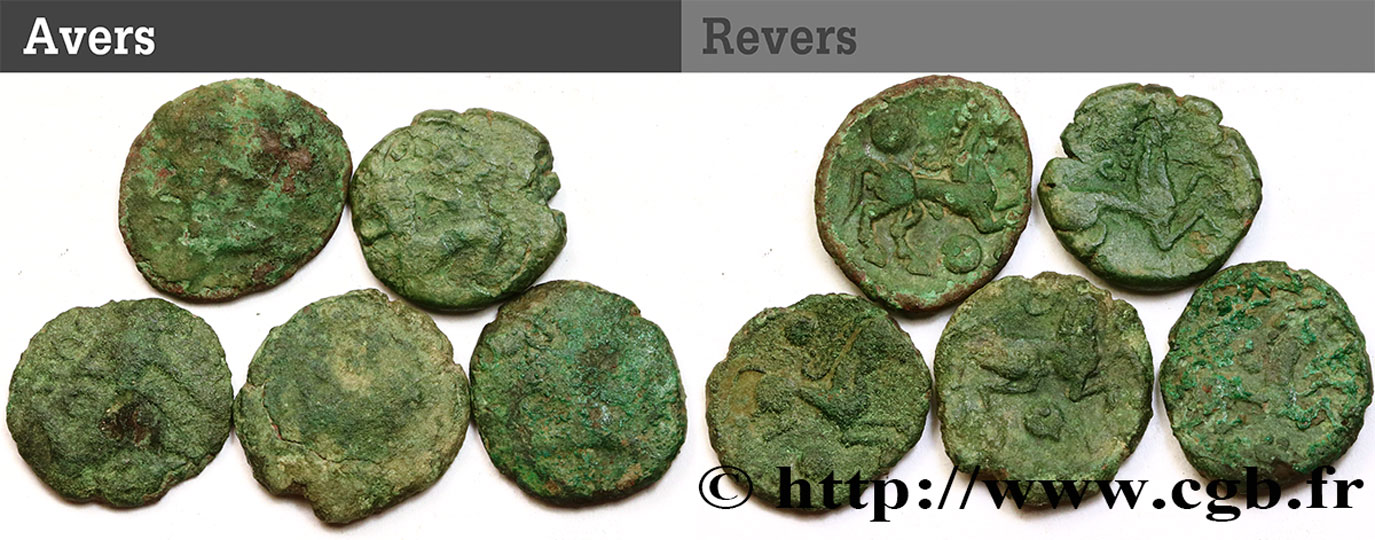 GALLIEN - BELGICA - BELLOVACI (Region die Beauvais) Lot de 5 bronzes au personnage courant et à l’androcéphale lot