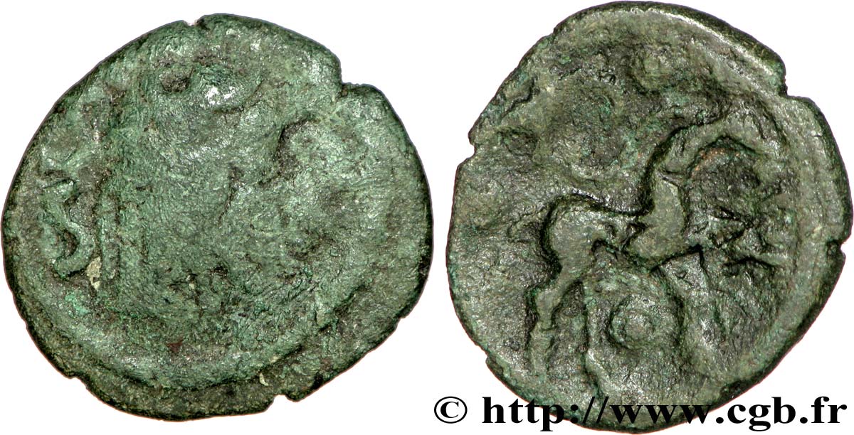GALLIA BELGICA - AMBIANI (Area of Amiens) Bronze au cheval et à la tête aux cheveux calamistrés F/VF
