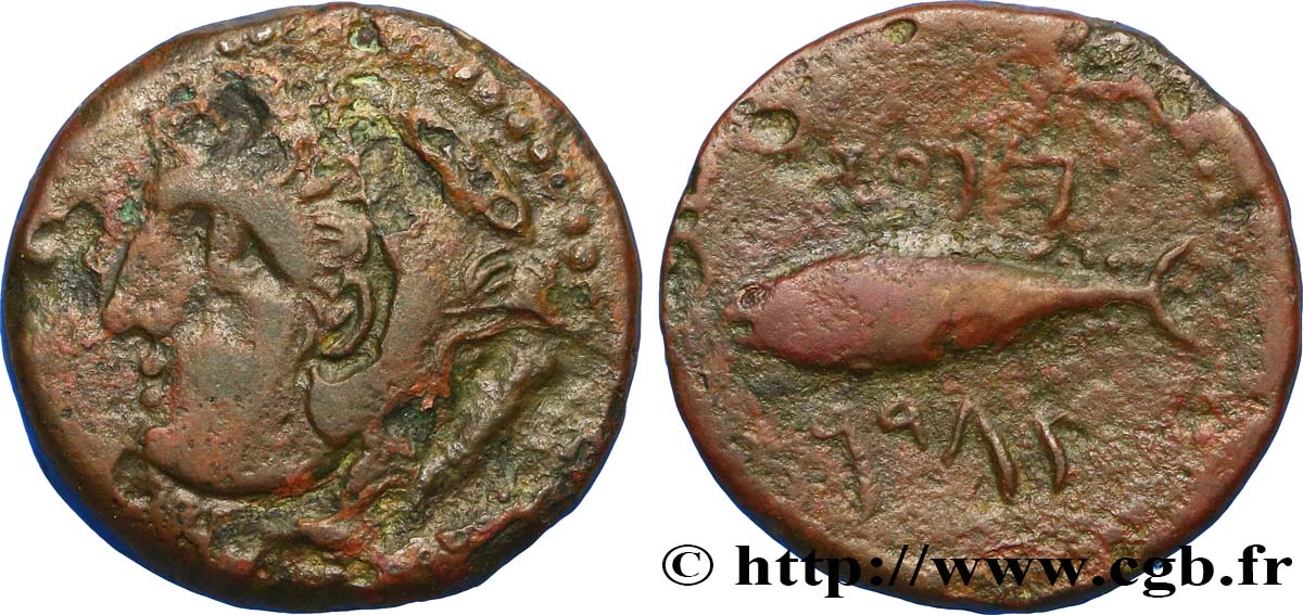 ESPAGNE - GADIR/GADES (Provincia of Cadiz) Calque de bronze à la tête de Melqart et au thon XF
