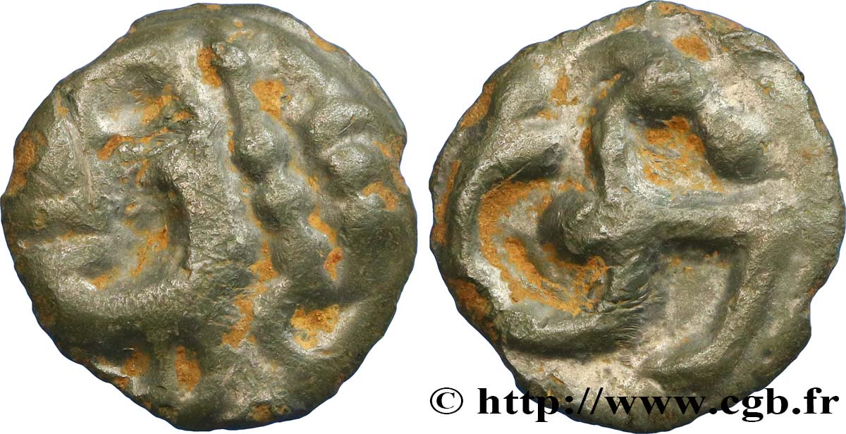 ÉDUENS (BIBRACTE, région du Mont-Beuvray) Potin à l’hippocampe, tête à la chevelure bouletée TTB/TTB+