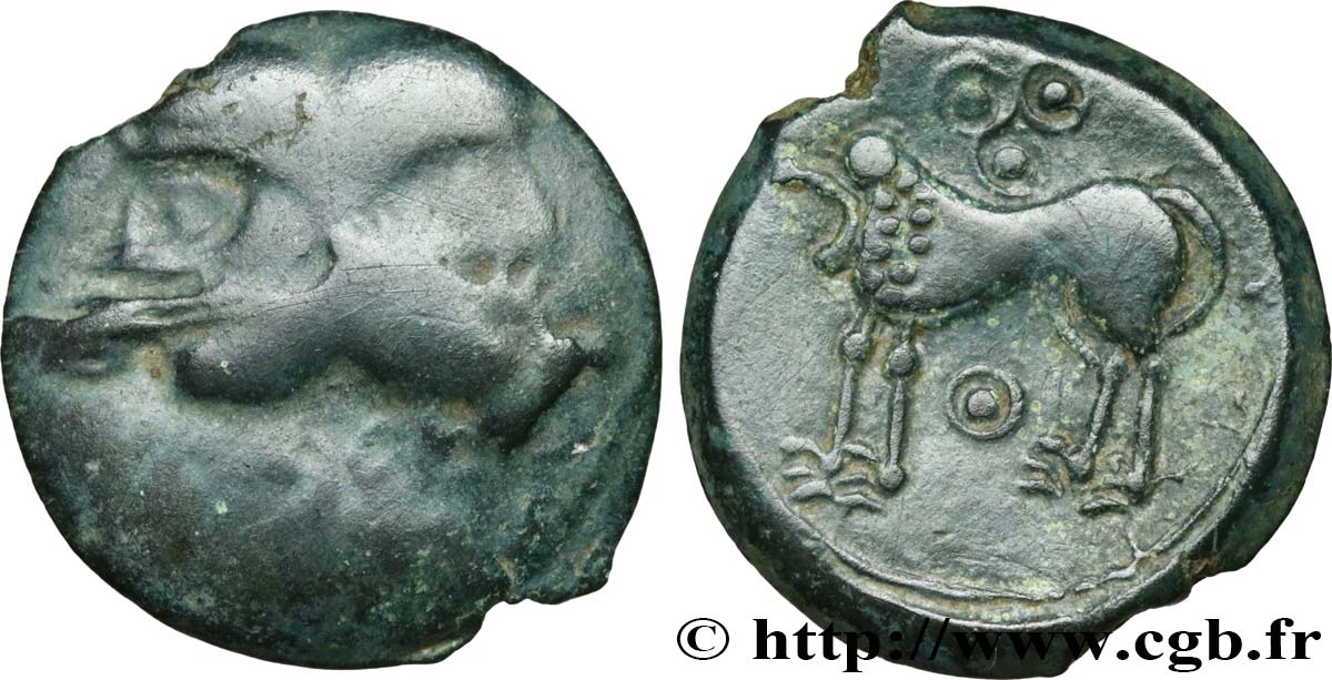 GALLIEN - BELGICA - SUESSIONES (Region die Soissons) Bronze à la tête janiforme, classe II aux annelets pointés S/fVZ