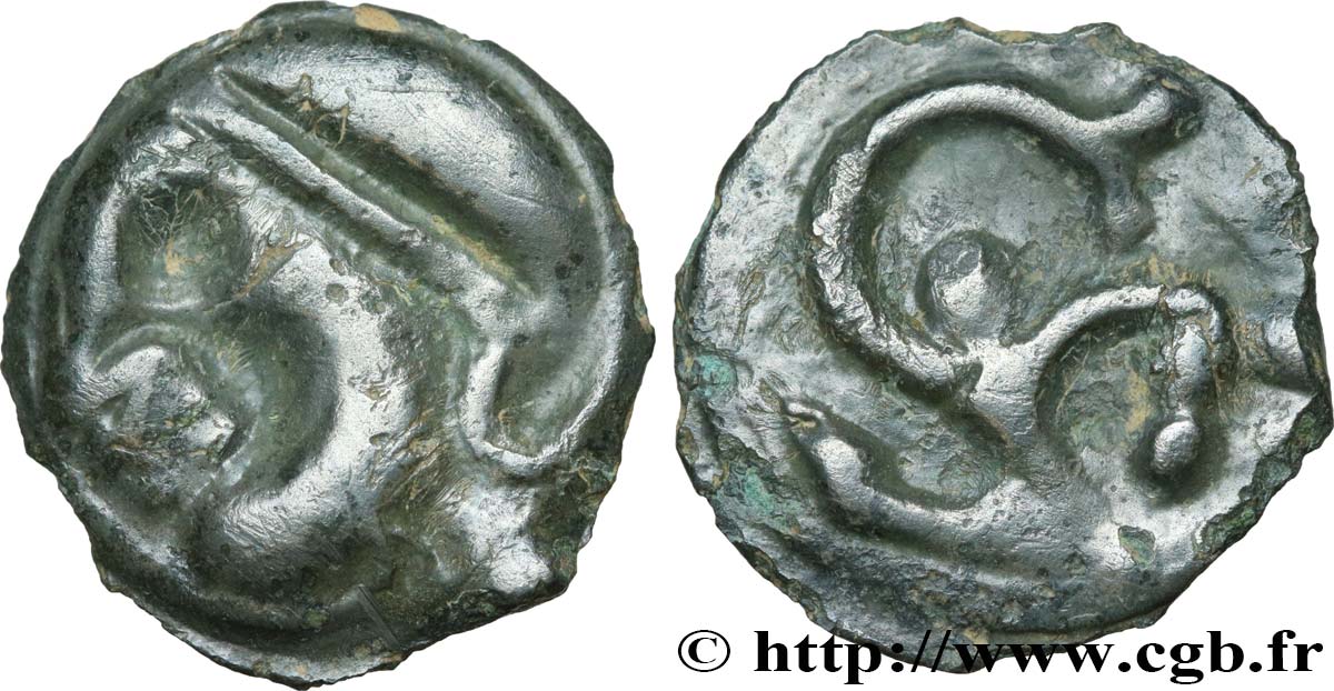 GALLIA - GALLIA DEL NORTE -ÆDUI (BIBRACTE, Región del Mont-Beuvray) Potin à l’hippocampe, tête casquée MBC