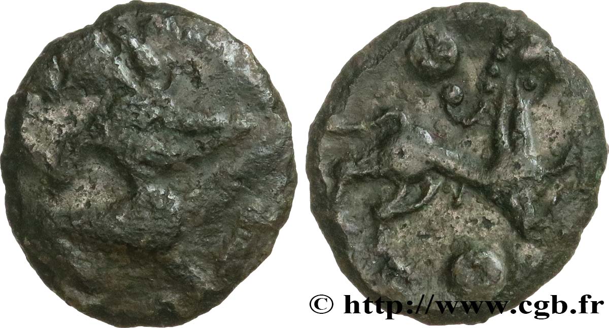 GALLIEN - BELGICA - BELLOVACI (Region die Beauvais) Bronze au personnage courant et à l’androcéphale fSS