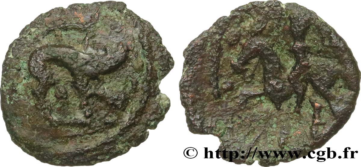 GALLIA BELGICA - AMBIANI (Región de Amiens) Bronze au sanglier et au cavalier tenant un sanglier enseigne BC+
