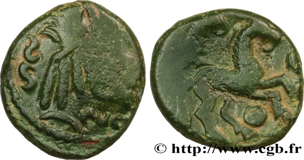 GALLIA BELGICA - AMBIANI (Area of Amiens) Bronze au cheval et à la tête aux cheveux calamistrés VF