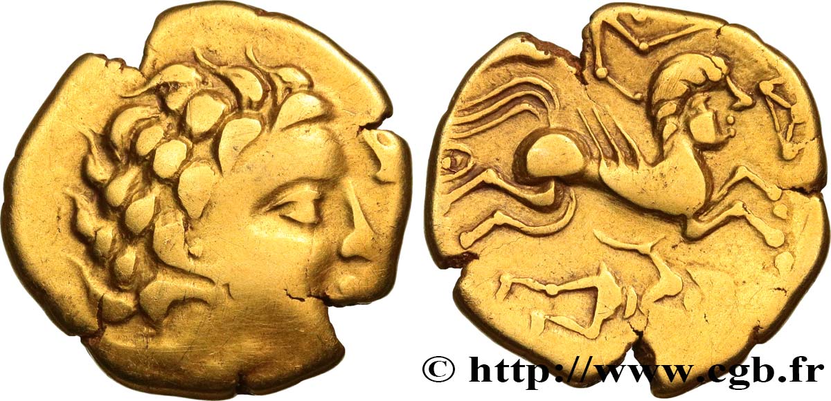 GALLIA - AULERCI CENOMANI (Región de Mans) Statère d or au cheval androcéphale et au personnage allongé, aux deux armes MBC+