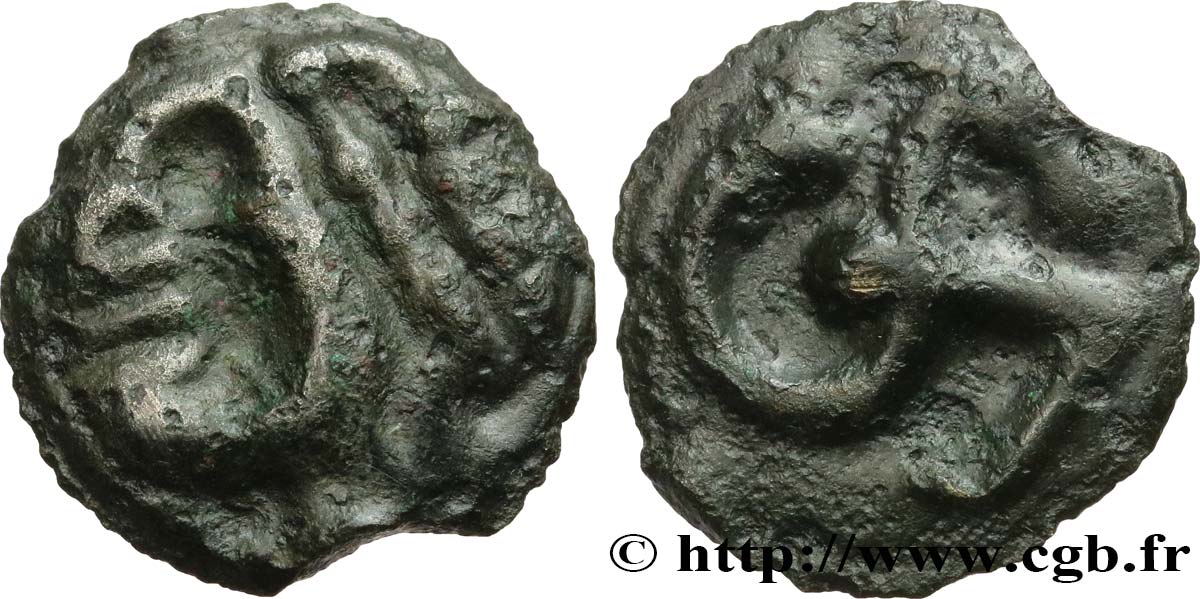 GALLIA - ÆDUI (BIBRACTE, Area of the Mont-Beuvray) Potin à l’hippocampe, tête à la chevelure bouletée AU