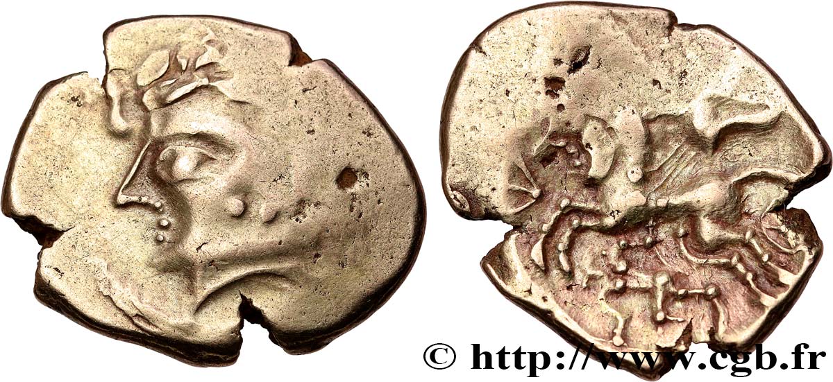 GALLIEN - AULERCI CENOMANI (Region die Mans) Statère d or au cheval androcéphale et au personnage allongé, aux deux armes  fVZ/SS