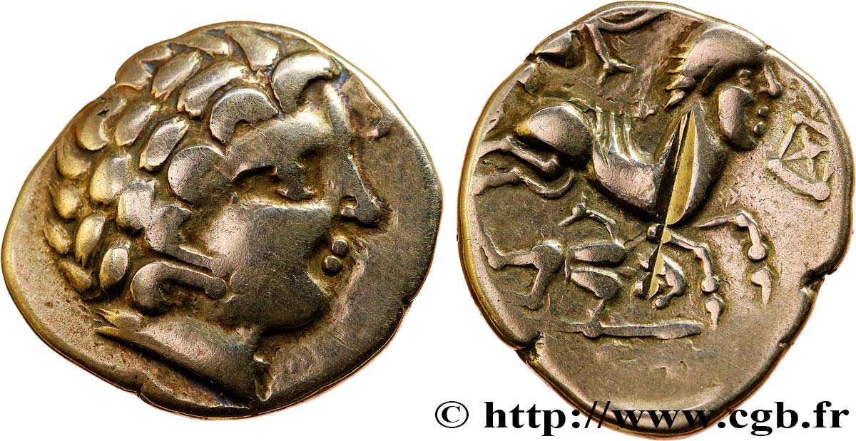 GALLIEN - AULERCI CENOMANI (Region die Mans) Statère d or au cheval androcéphale et au personnage allongé, aux deux armes VZ