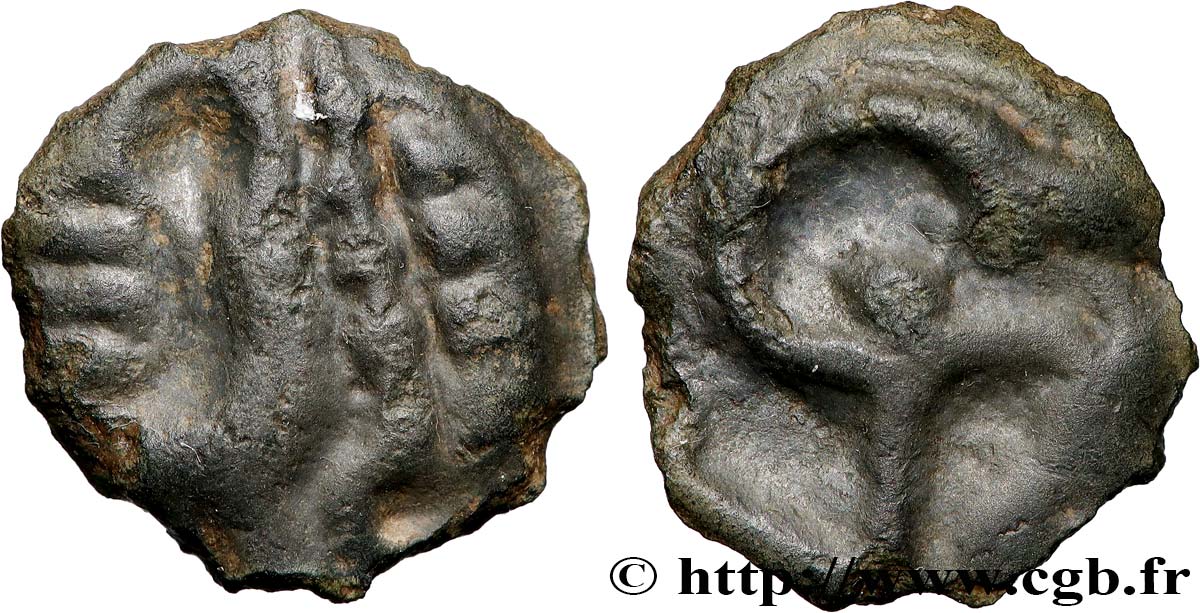 GALLIEN - NORDGALLIEN - ÆDUI (BIBRACTE, Region die Mont-Beuvray) Potin à l’hippocampe, tête à la chevelure bouletée fVZ